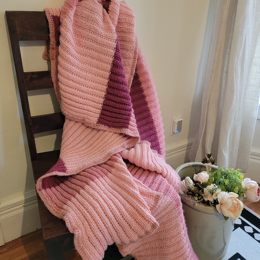 Pastel Pink Granny Stripe Afghan Knitted Vintage 80's - 90's Large Throw Blanket